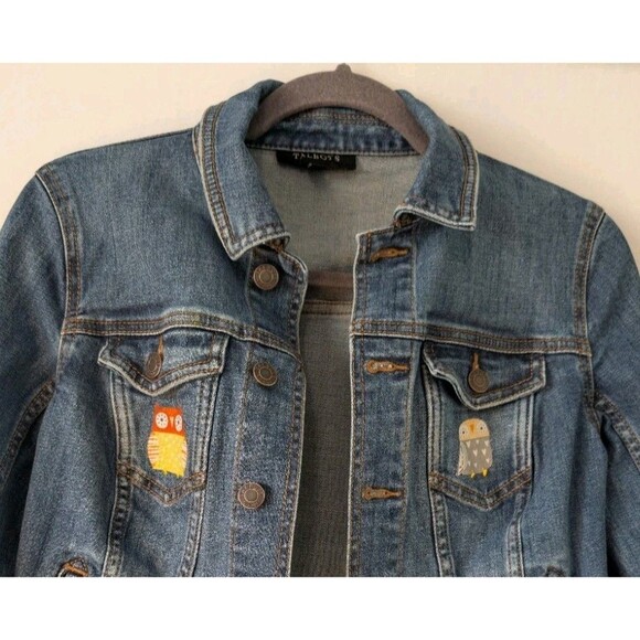 Talbots New Upcycled Art Jean jacket - Size XS Boho Whimsy Owls Back To School - Picture 6 of 8